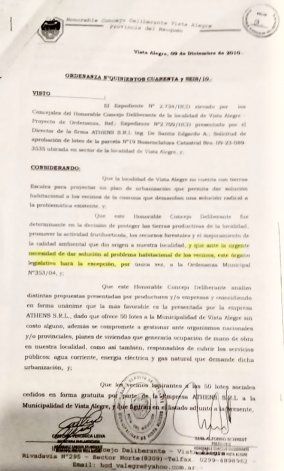 La ordenanza que aprueba el loteo de Vista Alegre, donde se hizo una toma hace unos días.