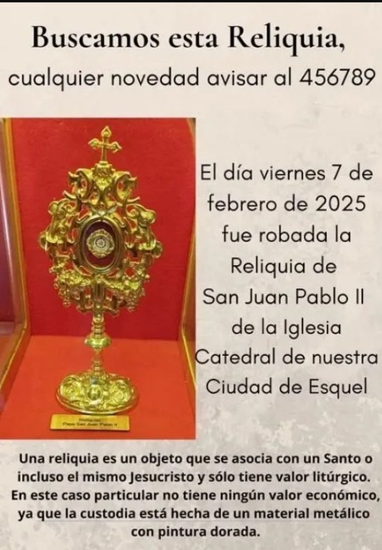 El pedido de colaboración en las Redes para poder recuperar un objeto de alto valor simbólico para los católicos de Esquel. El pedido de colaboración en las Redes para poder recuperar un objeto de alto valor simbólico para los católicos de Esquel.