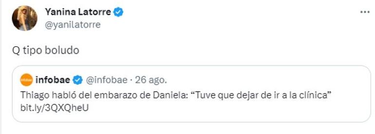 Yanina Latorre fue lapidaria con Thiago Medina por su actitud con el embarazo de Daniela Celis. Yanina Latorre fue lapidaria con Thiago Medina por su actitud con el embarazo de Daniela Celis.