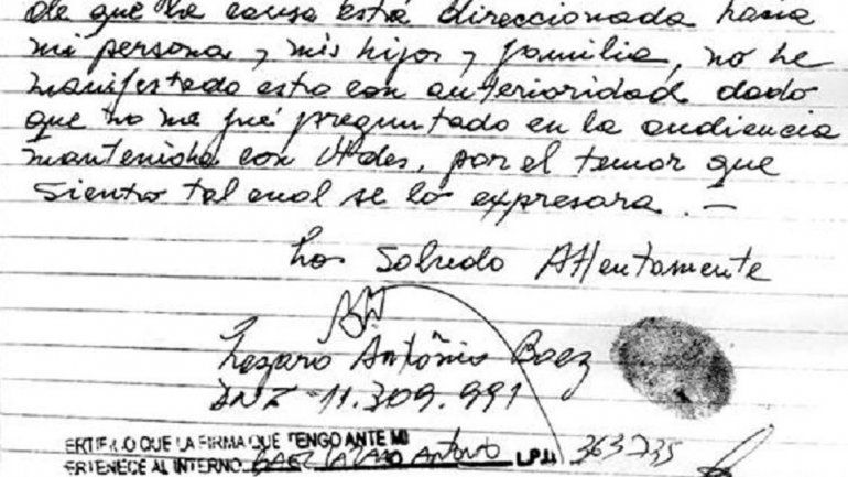 Una copia del escrito que firma el empresario Lázaro Báez.