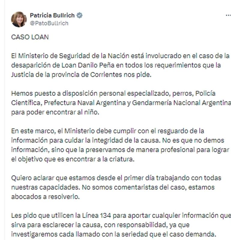 Posteo realizado por la ministra de Seguridad, Patricia Bullrich.
