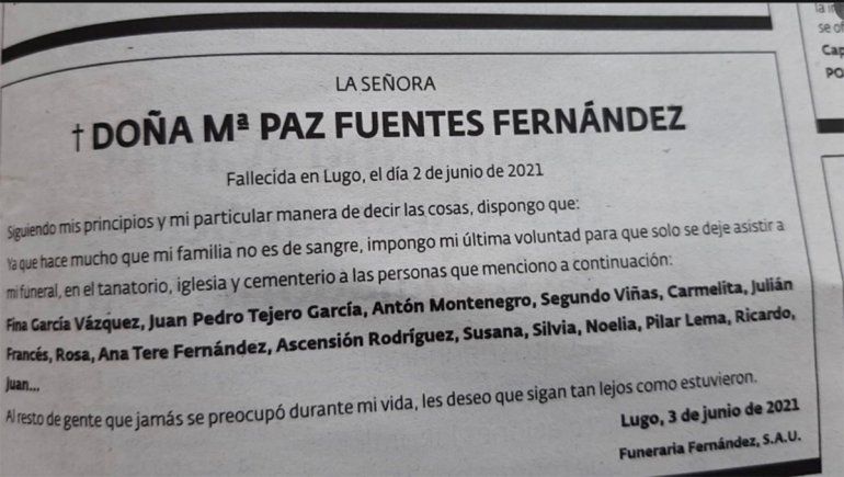 Antes de morir, una mujer dejó un claro mensaje a su familia para su funeral