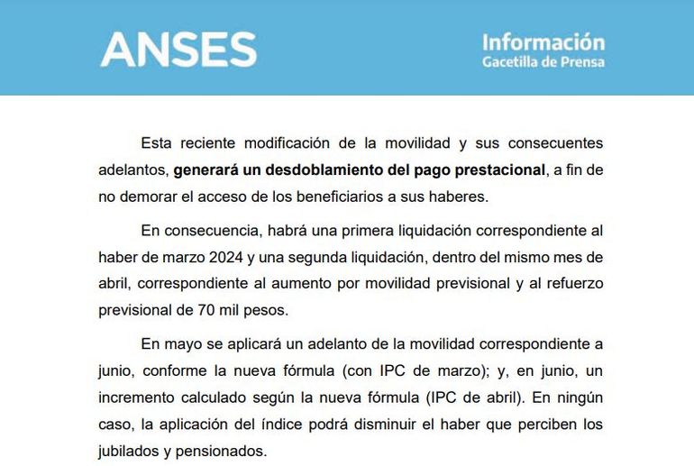El comunicado de ANSES explicando la medida. El comunicado de ANSES explicando la medida.