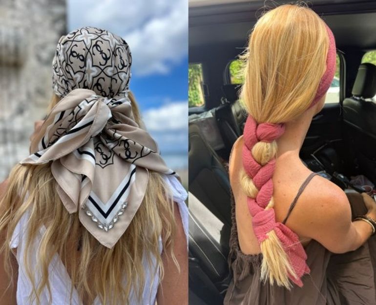 Las distintas formas que compartió Nicole Nuemann para incorporar un pañuelo al peinado. Las distintas formas que compartió Nicole Nuemann para incorporar un pañuelo al peinado.