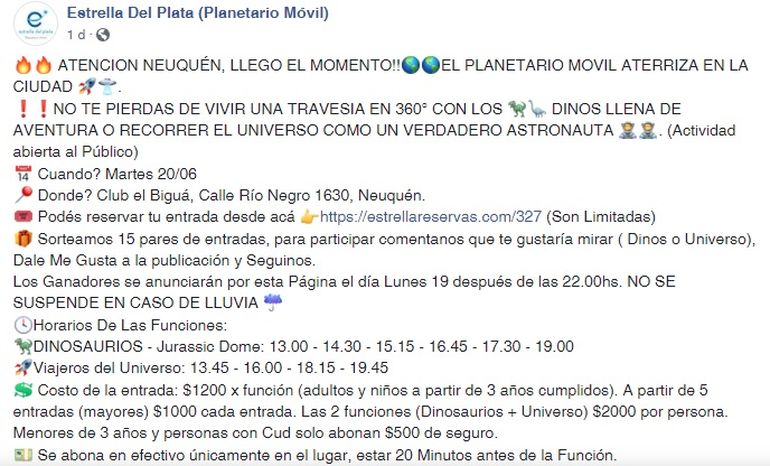 La publicación donde se promociona el sorteo y las funciones en Neuquén.