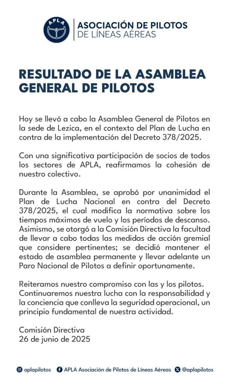 El comunicado oficial difundido tras la asamblea. El comunicado oficial difundido tras la asamblea.