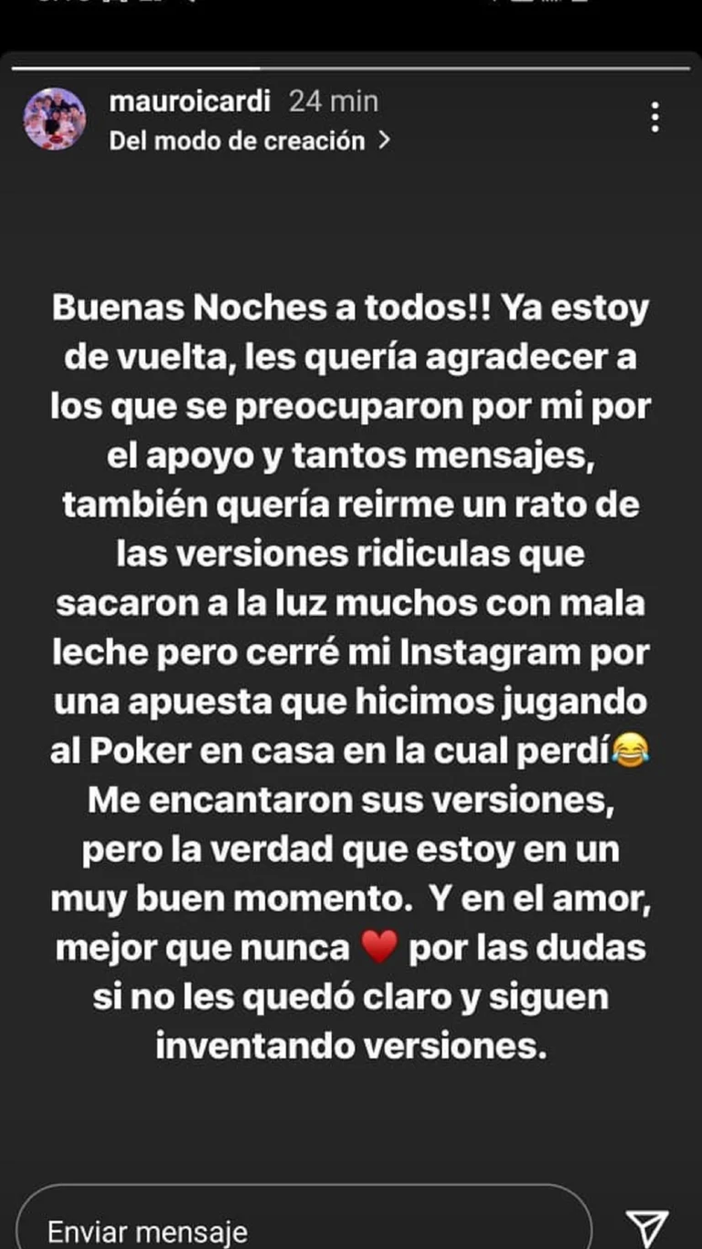 Reapareció Icardi y explicó los motivos de su ausencia en Instagram