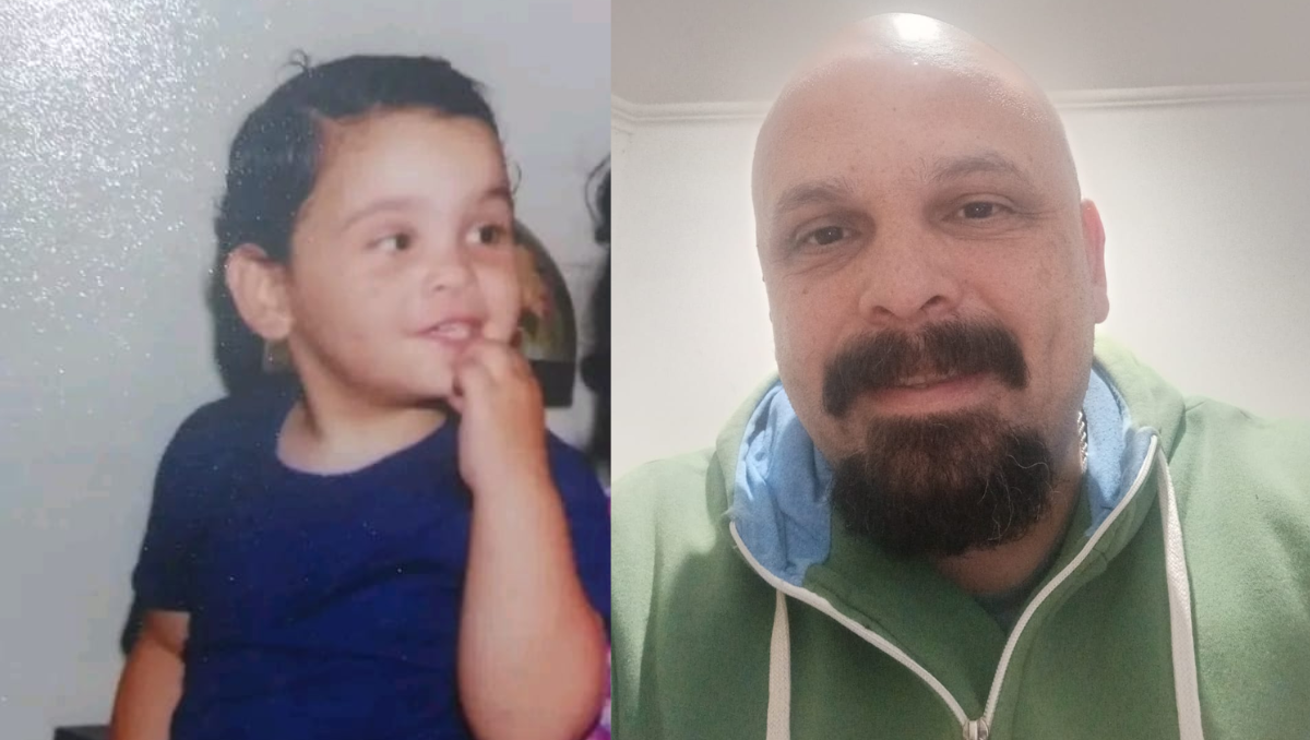 Luciano, de niño y ahora, que a los 48 años, busca determinar su identidad.