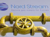 Imagen ilustrativa de cañerías de gas elaboradas en una impresora 3D puestas frente a una proyección del logo de Nord Stream tomada el 31 de enero, 2022. REUTERS/Dado Ruvic/Ilustración