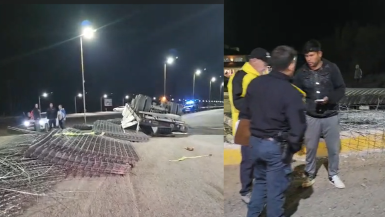 Un camión se quedó sin frenos en una rotonda y perdió la carga en el vuelco