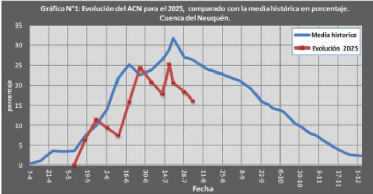 Grafico: En rojo el caudal actual del río Negro frente a la media historica. Grafico: En rojo el caudal actual del río Negro frente a la media historica.
