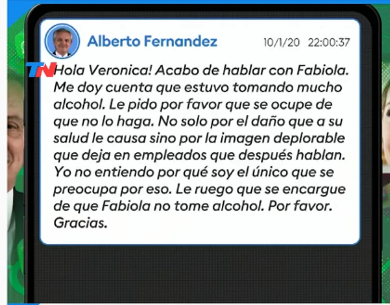 La imagen con la que TN graficó los chats de Alberto Fernández con la madre de Fabiola Yañez. La imagen con la que TN graficó los chats de Alberto Fernández con la madre de Fabiola Yañez.