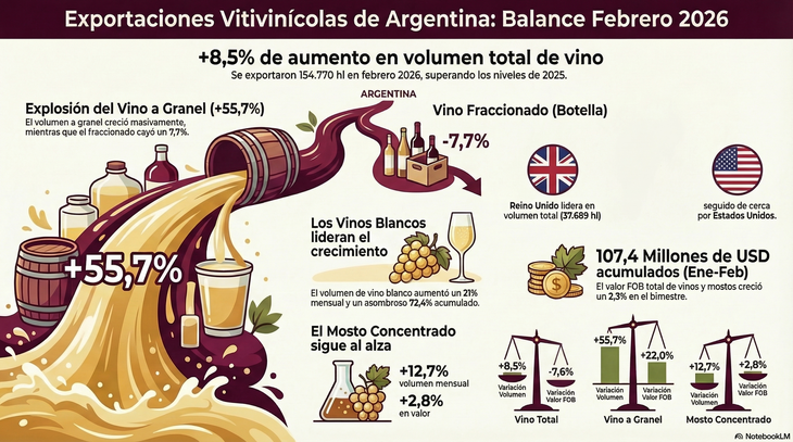 El mosto concentrado aumentó sus despachos un 12,7% mensual alcanzando las 6.832 toneladas totales. Gráfico: NotebookLM El mosto concentrado aumentó sus despachos un 12,7% mensual alcanzando las 6.832 toneladas totales. Gráfico: NotebookLM