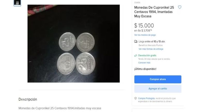 Esta moneda de 25 centavos se vende en sitios como Mercado Libre. Esta moneda de 25 centavos se vende en sitios como Mercado Libre.