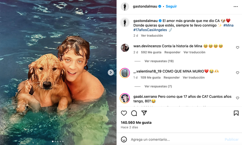 El posteo de Gastón Dalmau para recordar a Mina, su mascota fallecida. El posteo de Gastón Dalmau para recordar a Mina, su mascota fallecida.