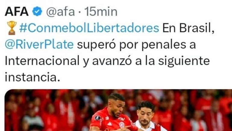 Copa Libertadores: el insólito tuit de la AFA que dio ganador a River en Brasil