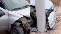 fuerte choque en centenario: un auto termino incrustado en una columna de cemento fuerte choque en centenario: un auto termino incrustado en una columna de cemento