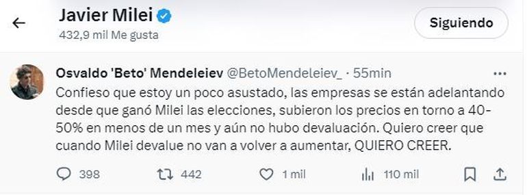 El like de Javier Milei al mensaje.