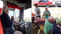 El Vasco, manejando el camión y vendiendo la fruta que llevó en el Motorhome a la provincia de Buenos Aires.