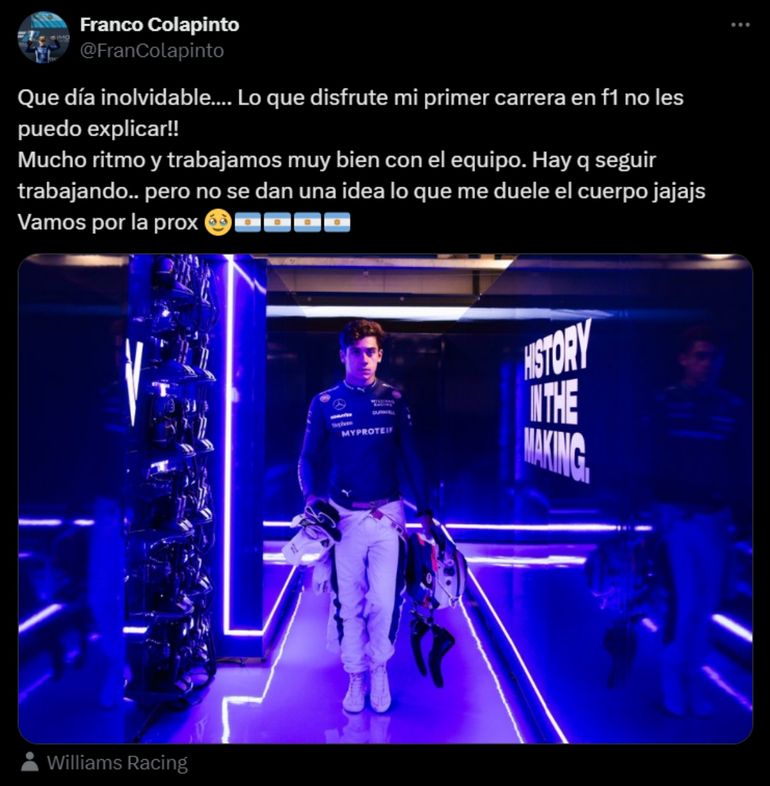 El primer posteo de Franco Colapinto luego de debutar en la Fórmula 1 El primer posteo de Franco Colapinto luego de debutar en la Fórmula 1