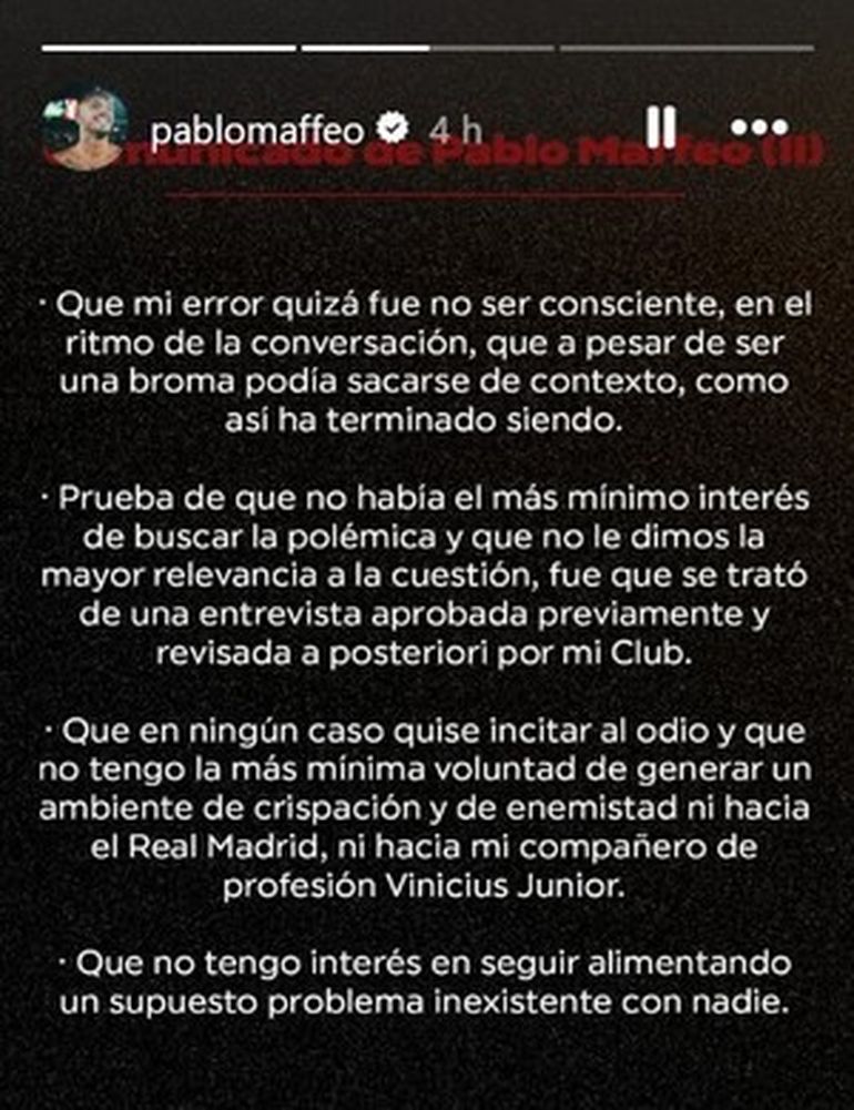 Maffeo tuvo que salir a pedir disculpas en Instagram. Maffeo tuvo que salir a pedir disculpas en Instagram.