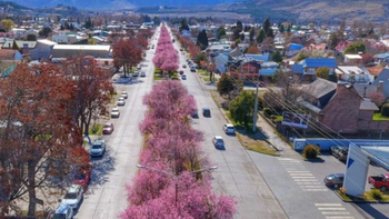 El espectáculo natural de la avenida Ameghino, la principal de Esquel, visto desde el aire. El espectáculo natural de la avenida Ameghino, la principal de Esquel, visto desde el aire.