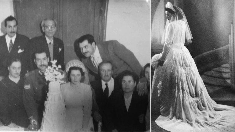 Los novios junto a la torta y María con el vestido que aún conserva.