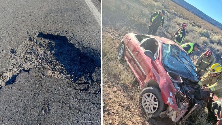 Volcó en la Ruta 237 tras pasar por un enorme bache.