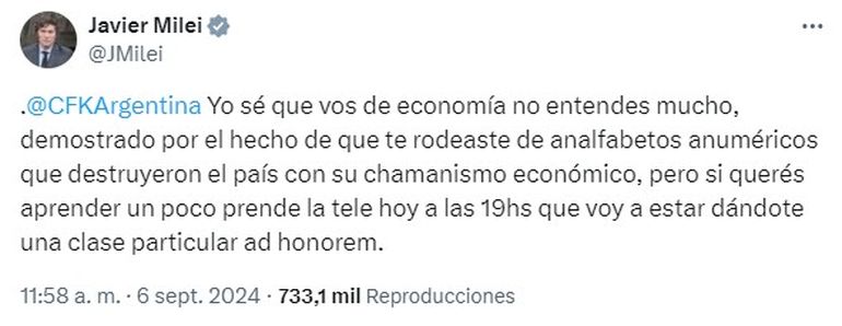 El cruce de Javier Milei y Cristina Kirchner en redes sociales. El cruce de Javier Milei y Cristina Kirchner en redes sociales.