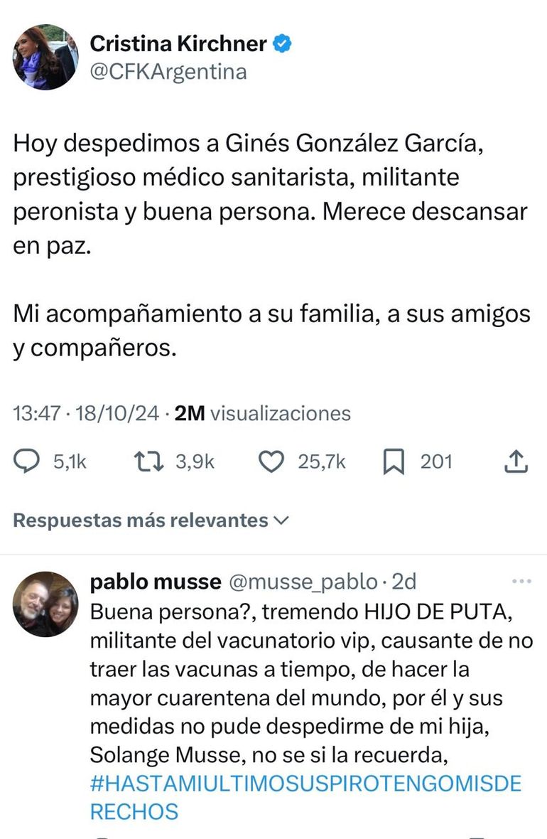 Tuit del padre de Solange Musse contra Cristina Kirchner. Tuit del padre de Solange Musse contra Cristina Kirchner.