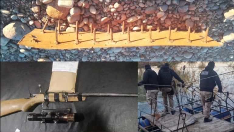 La trampa caza bobo, el rifle y los ganchos de carne incautados, y la balsa que presuntamente usaban para cruzar la carne a Santa Cruz. La trampa caza bobo, el rifle y los ganchos de carne incautados, y la balsa que presuntamente usaban para cruzar la carne a Santa Cruz. 