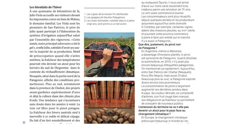 La revista destaca la producción de Pinot Noir en las viñas de San Patricio del Chañar. La revista destaca la producción de Pinot Noir en las viñas de San Patricio del Chañar.