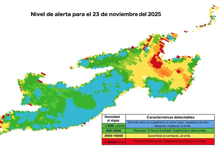 El mapa de las cianobacterias del embalse Ramos Mejía según la AIC. El mapa de las cianobacterias del embalse Ramos Mejía según la AIC.