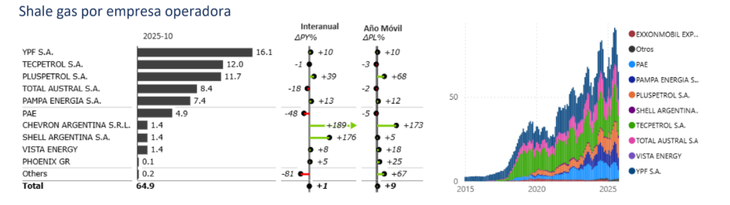 La producción de shale gas por empresa (Fuente: Informe mensual de diciembre 2025 de Aleph Energy) La producción de shale gas por empresa (Fuente: Informe mensual de diciembre 2025 de Aleph Energy)