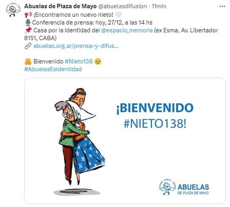 El comunicado de Abuelas de Plaza de Mayo sobre el nieto 138. El comunicado de Abuelas de Plaza de Mayo sobre el nieto 138.