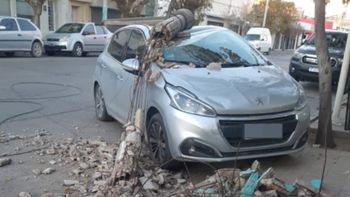 El Peugeot 308 sufrió importantes daños por la caída de un poste de hormigón en Trelew. El Peugeot 308 sufrió importantes daños por la caída de un poste de hormigón en Trelew.