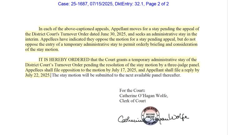 Una corte de apelaciones de Nueva York brindó una suspensión temporal administrativa en el caso YPF (Fuente: @TommyBarbanBA) Una corte de apelaciones de Nueva York brindó una suspensión temporal administrativa en el caso YPF (Fuente: @TommyBarbanBA)